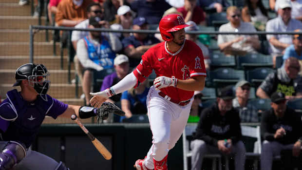 Mar 8, 2023; Tempe, Arizona, USA; Los Angeles Angels shortstop Livan Soto (13) hits against the Colorado Rockies in the third inning at Tempe Diablo Stadium. Mandatory Credit: Rick Scuteri-USA TODAY Sports